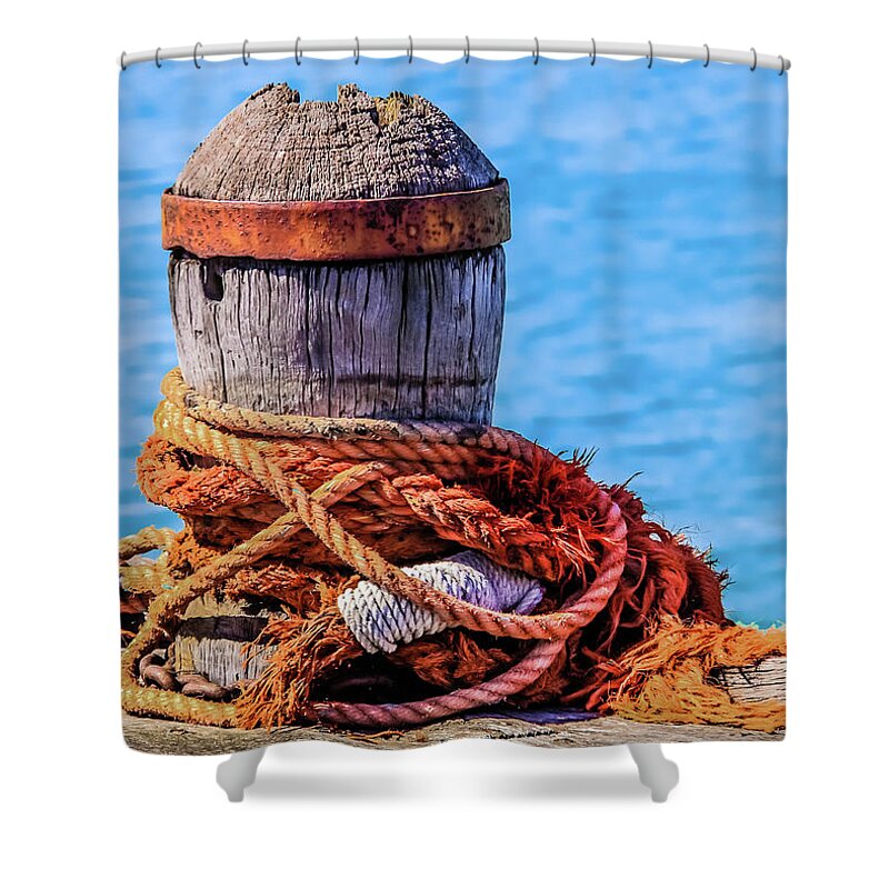 Bollard Shower Curtain featuring the photograph Old mooring bollard by Lyl Dil Creations