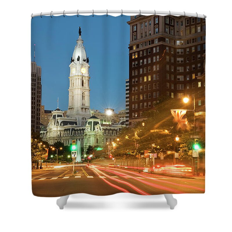Outdoors Shower Curtain featuring the photograph Old Philadelphia City Hall At Night by Travelif