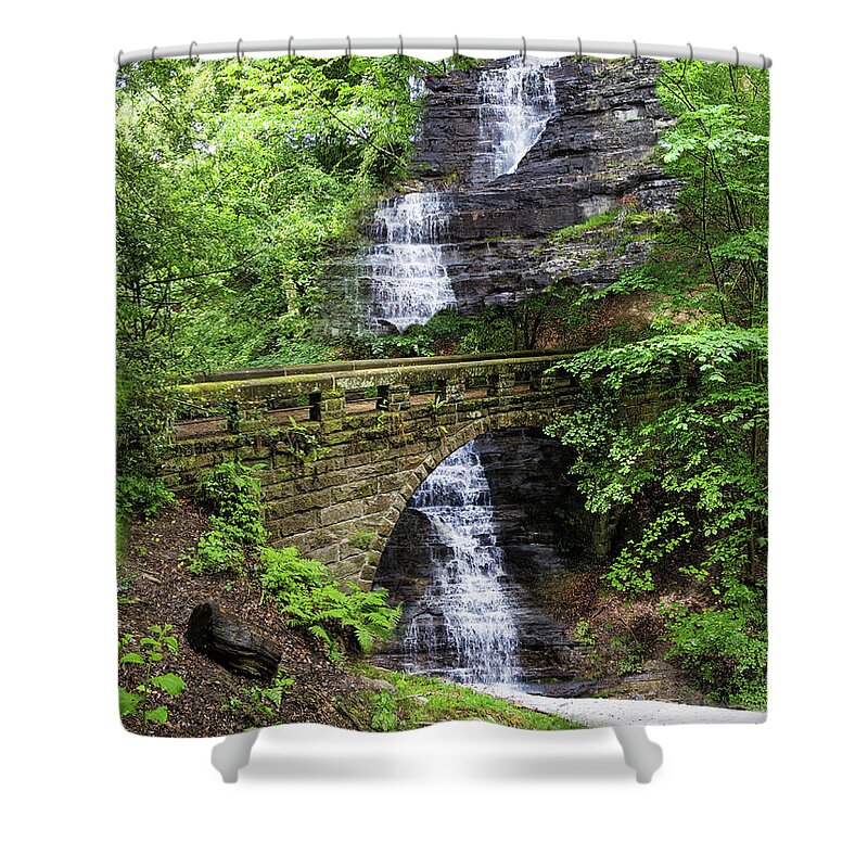Bridge Shower Curtain featuring the photograph Old stone bridge over waterfall by Tatiana Travelways