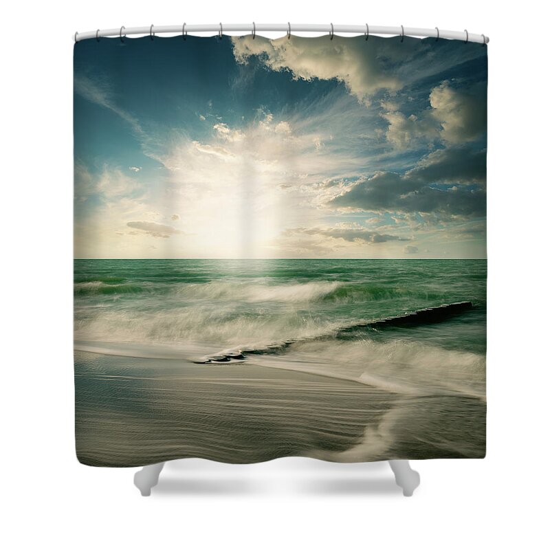 Water's Edge Shower Curtain featuring the photograph Old Timber Pile In The Wavy Ocean by Ppampicture