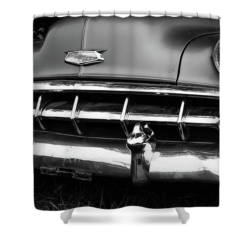 Chevy Shower Curtain featuring the photograph Old Vintage Chevy Power Glide 1950s Automobile Black and White by Edward Fielding