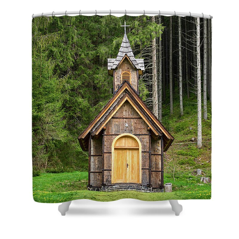 Old Shower Curtain featuring the photograph Old Wooden Chapel by Les Palenik