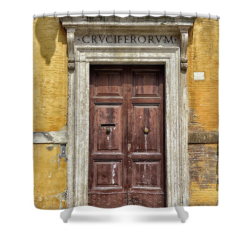 Arch Shower Curtain featuring the photograph Old Wooden Door In Italy by Jenniferphotographyimaging