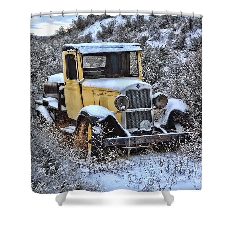 Vintage Shower Curtain featuring the photograph Old Yellow Truck by Vivian Martin