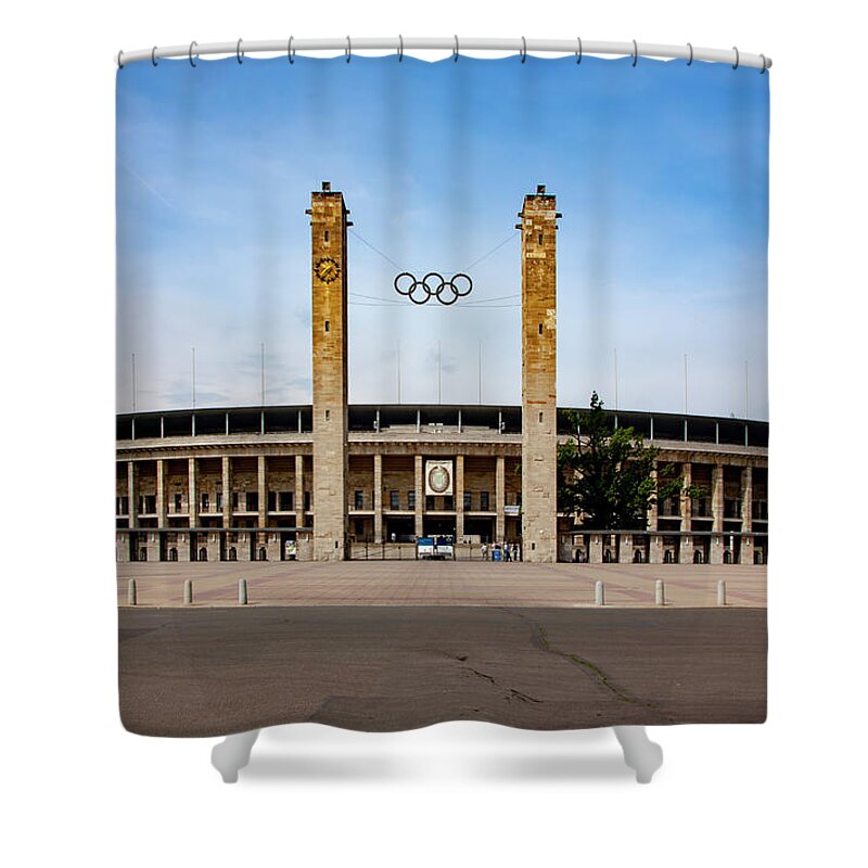 Olympic Stadium Shower Curtain featuring the mixed media Olympic Stadium Berlin by Smart Aviation