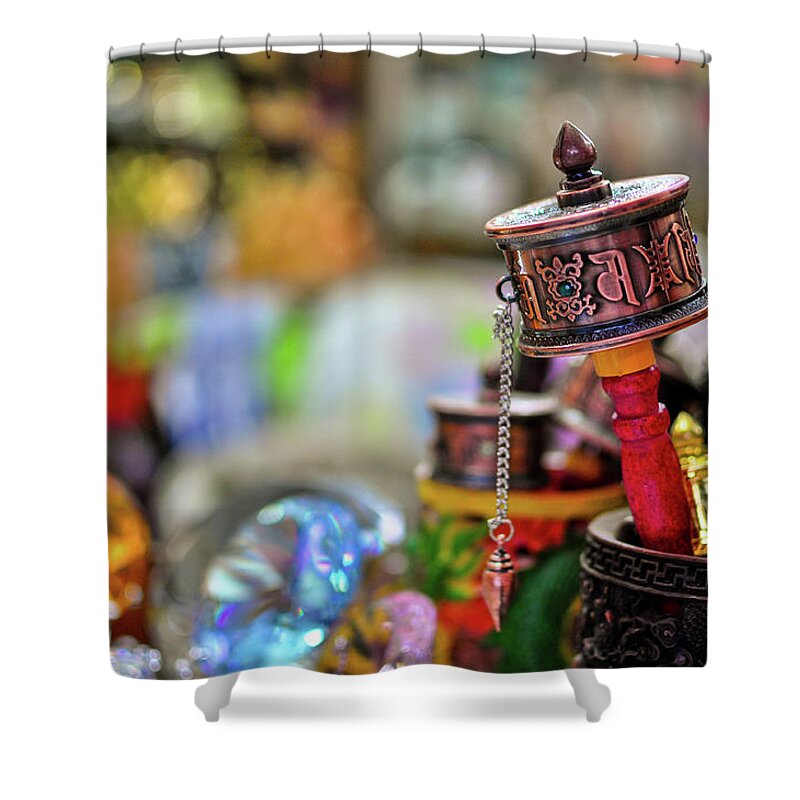 Large Group Of Objects Shower Curtain featuring the photograph Om Mani Padme Hum - Manali, India by Vineeth Mekkat