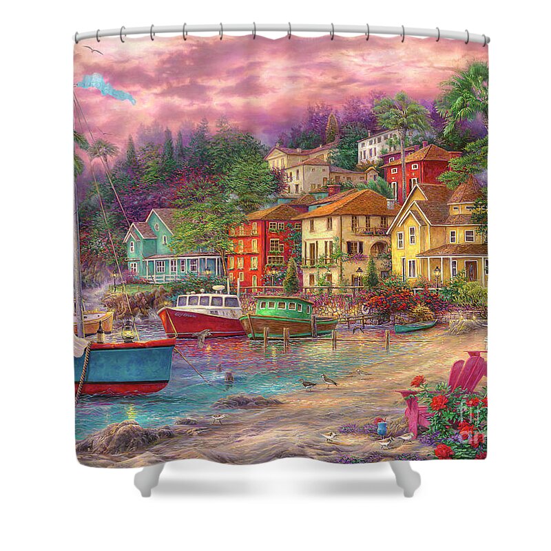 European Shower Curtain featuring the painting On Golden Shores by Chuck Pinson