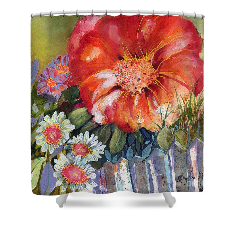 Flowers Shower Curtain featuring the mixed media On the fence by Mary Lou McCambridge