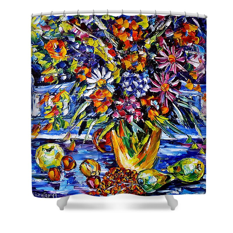 Palette Knife Oil Painting Shower Curtain featuring the painting On The Garden Table by Mirek Kuzniar