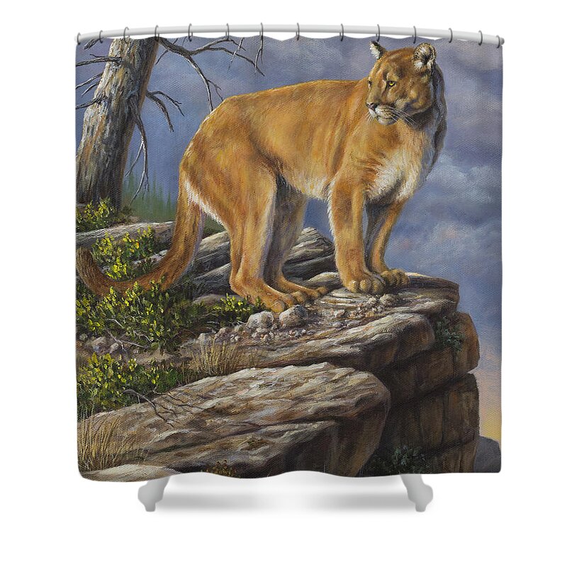 Mountain Lion Shower Curtain featuring the painting On the Hunt by Kim Lockman
