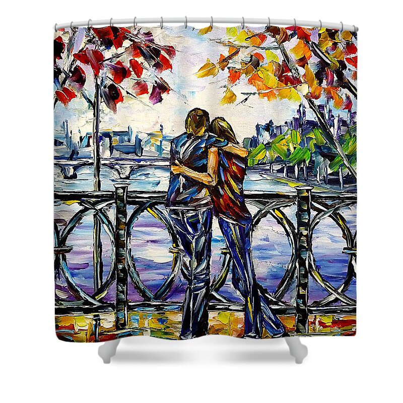 I Love Paris Shower Curtain featuring the painting On The Paris Bridge by Mirek Kuzniar