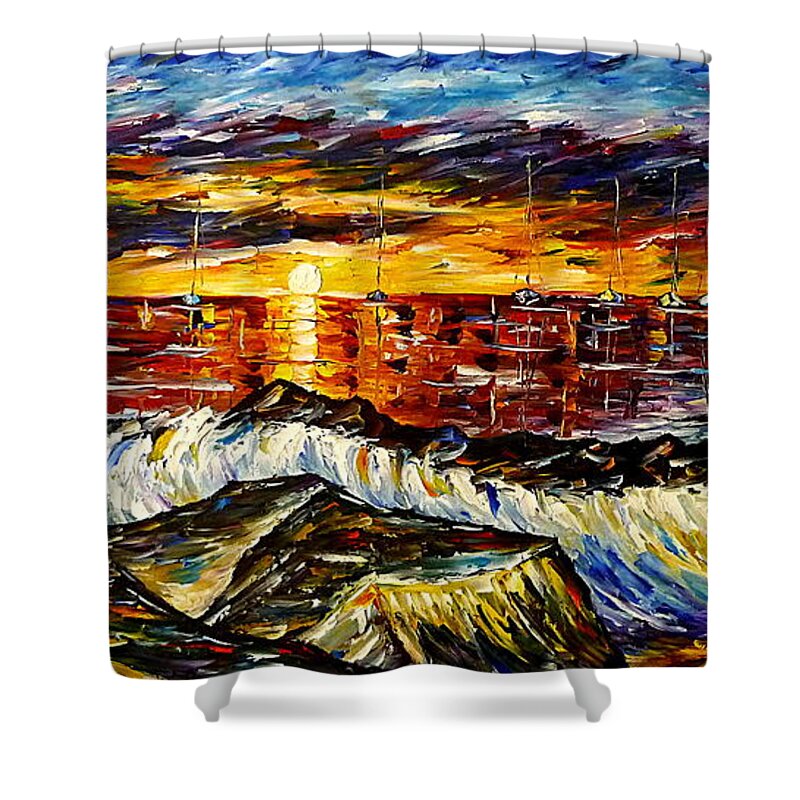 Boats On The Horizon Shower Curtain featuring the painting On The Rocky Coast by Mirek Kuzniar