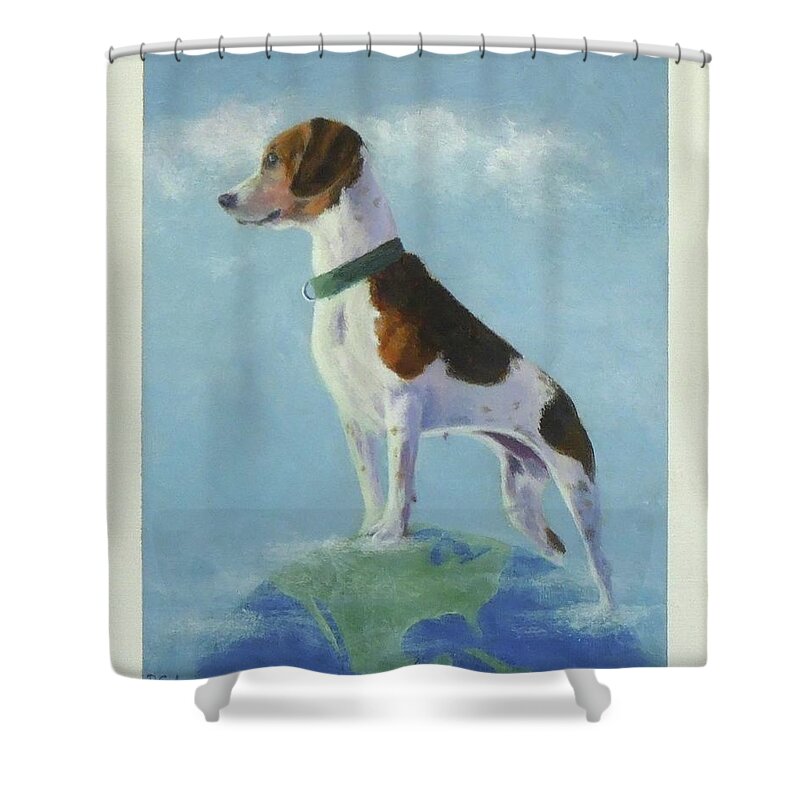 Beagle Shower Curtain featuring the painting On Top of the World by Phyllis Andrews