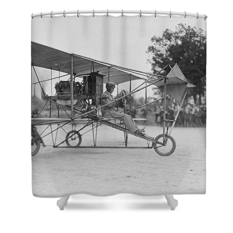 First Shower Curtain featuring the painting One of the first airplanes built in Canada 1911 by Celestial Images