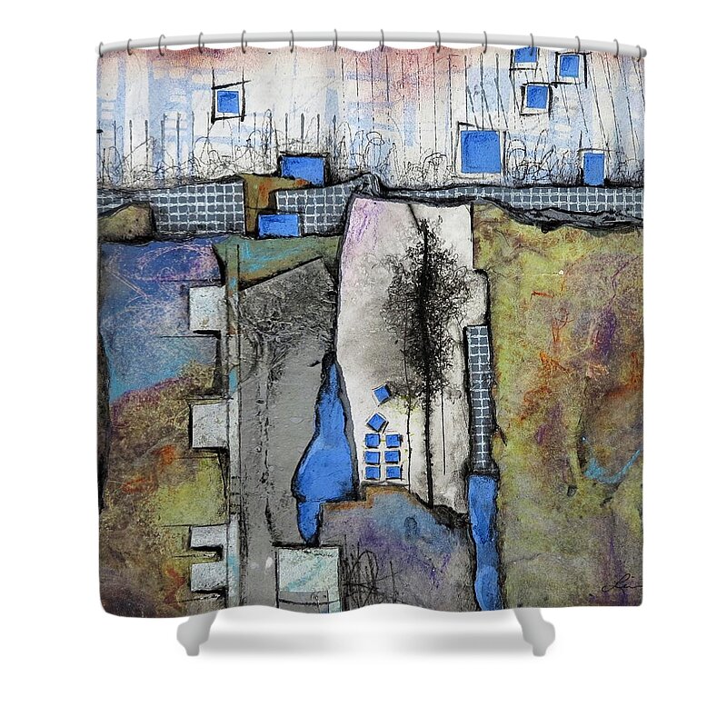 Collage Shower Curtain featuring the mixed media One Tree by Laura Lein-Svencner
