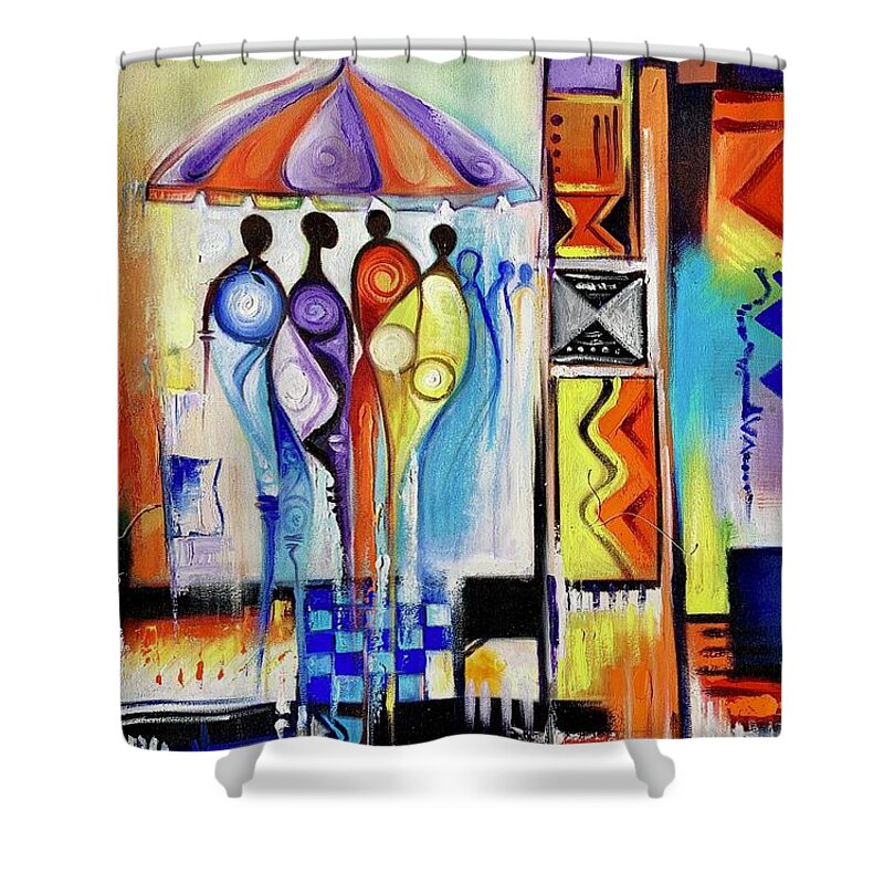 Africa Shower Curtain featuring the painting One Umbrella by Olumide Egunlae