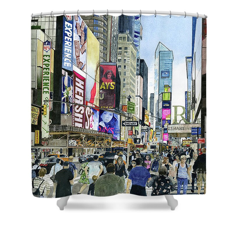 Evening Rush Hour In Times Square With People Shower Curtain featuring the painting Oneway by Monte Toon