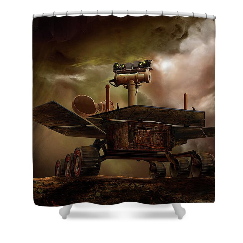 Opportunity Shower Curtain featuring the digital art Opportunity's last day on Mars by James Vaughan