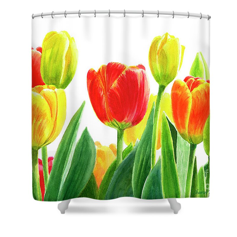 Tulips Shower Curtain featuring the painting Orange and Yellow Tulips Horizontal Design by Sharon Freeman
