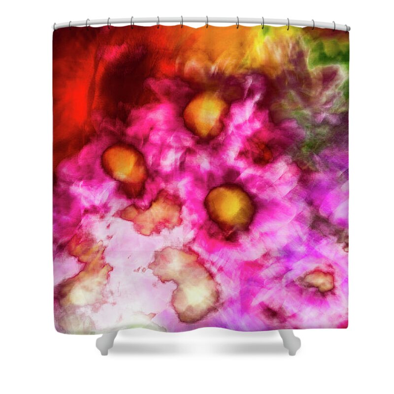 Abstract Shower Curtain featuring the photograph Orange pink and yellow flower abstract by Phillip Rubino