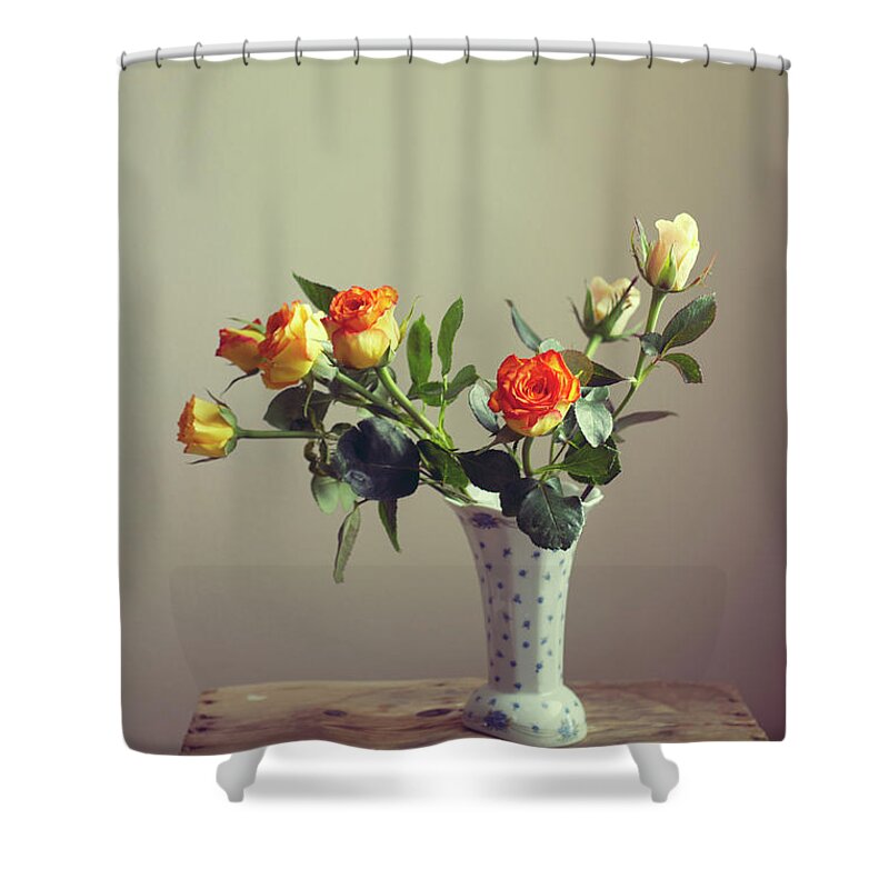 Orange Color Shower Curtain featuring the photograph Orange Roses In Vintage Vase by Copyright Anna Nemoy(xaomena)