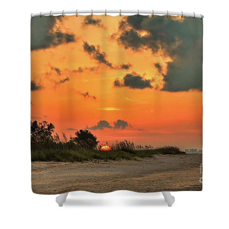 Sunrise Shower Curtain featuring the photograph Orange Sunrise Over Sanibel Island by Jeff Breiman