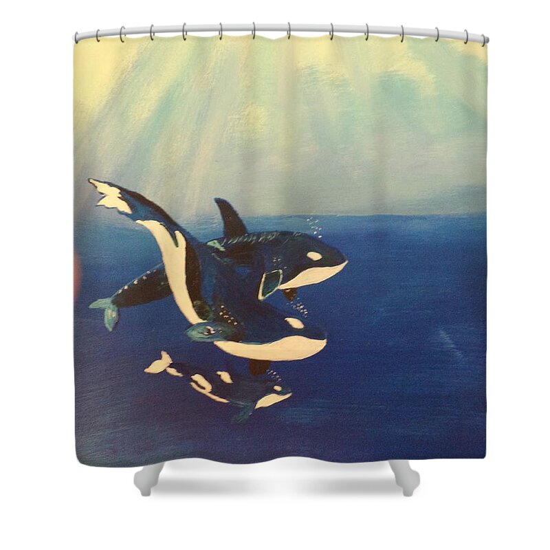 Orcas Shower Curtain featuring the painting Orca Family # 185 by Donald Northup
