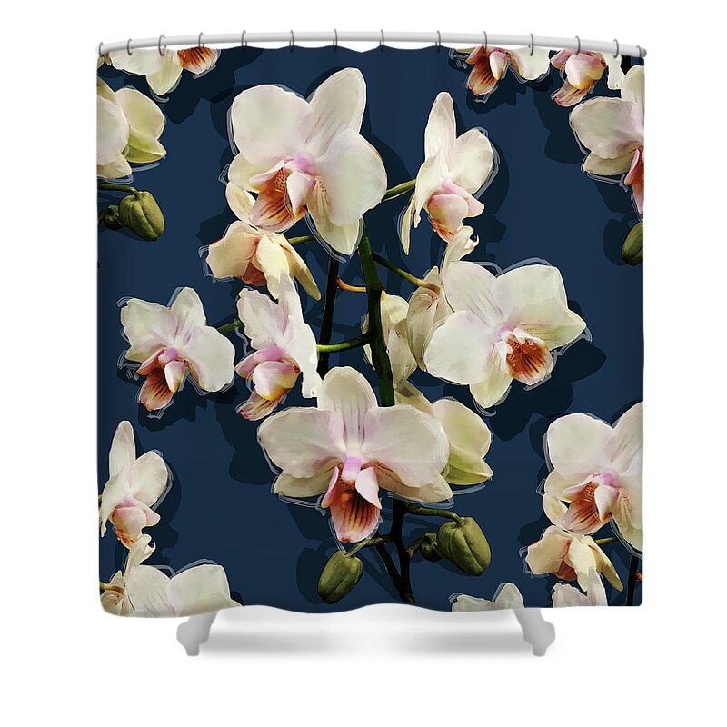 Glory Shower Curtain featuring the mixed media Orchids - on dark blue by BFA Prints