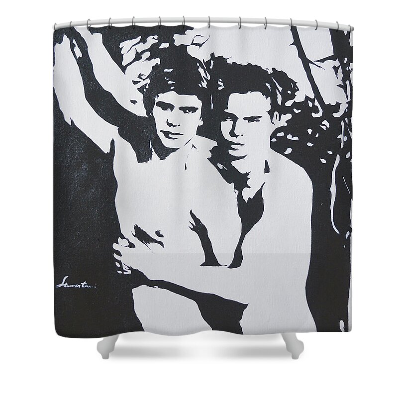 Original Shower Curtain featuring the painting original painting -Friends#16098 by Hongtao Huang