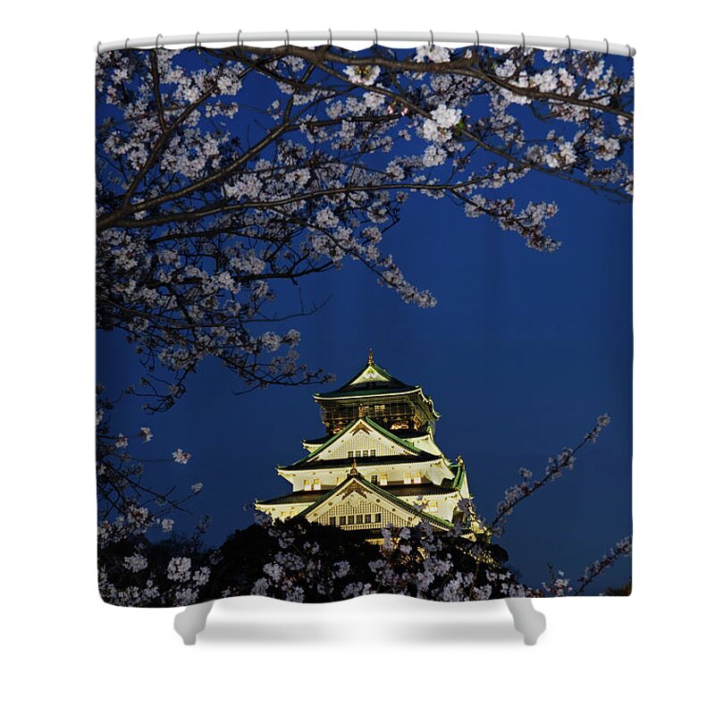 Built Structure Shower Curtain featuring the photograph Osaka Castle With Cherry Blossoms At by John W Banagan