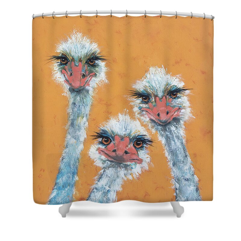 African Animals Shower Curtain featuring the painting Ostrich Sisters by Jani Freimann