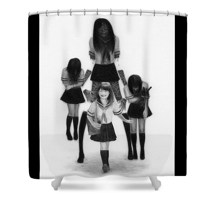 Horror Shower Curtain featuring the drawing Our Last School Days - Artwork by Ryan Nieves