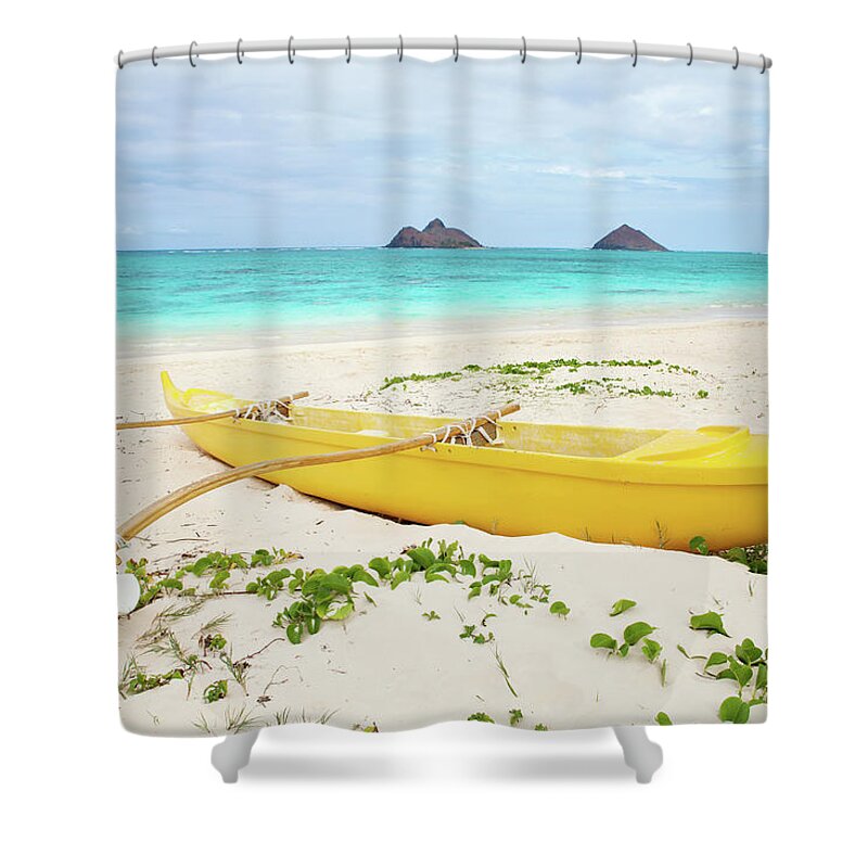 Scenics Shower Curtain featuring the photograph Outrigger Canoe Lanikai Beach by M Swiet Productions