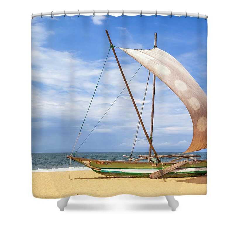 Wind Shower Curtain featuring the photograph Outrigger Prahu Or Proa On The Beach In by Cinoby