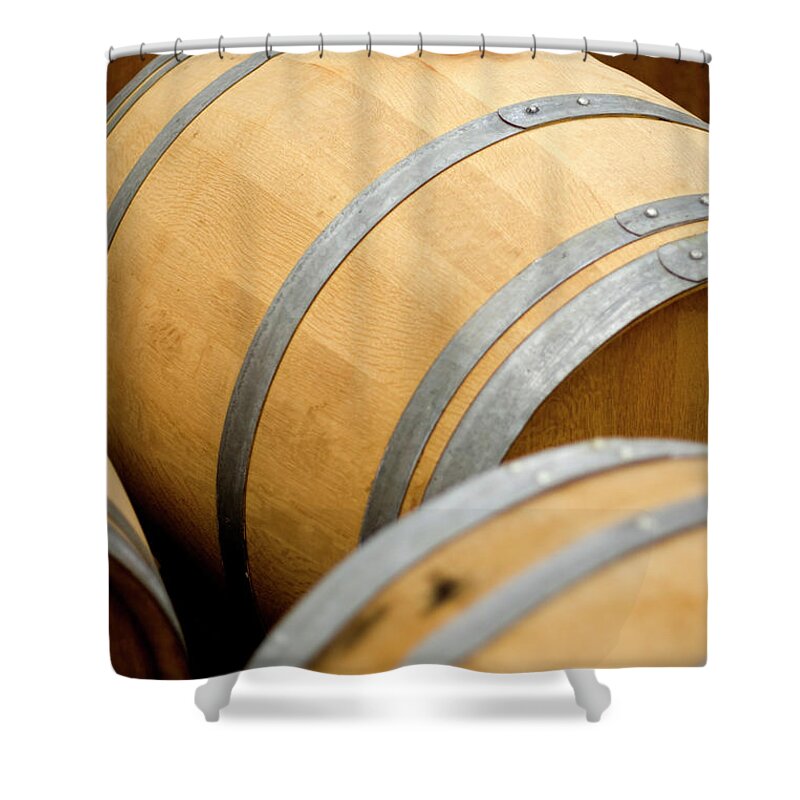 Fermenting Shower Curtain featuring the photograph Overhead Of Wine Barrels by House red
