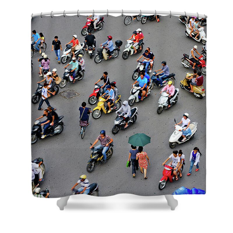 People Shower Curtain featuring the photograph Overhead View Of Motorbike Traffic by Rwp Uk