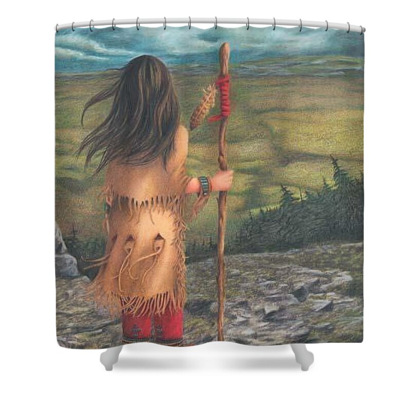 Native American Portrait. American Indian Portrait. Native American Youth. The Black Hills. Shower Curtain featuring the painting Overlooking the Black Hills by Valerie Evans