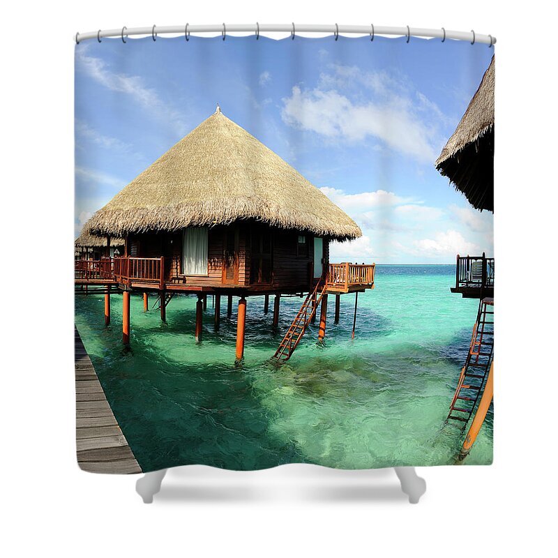Outdoors Shower Curtain featuring the photograph Overwater-bungalow An The Beautiful by Wolfgang steiner