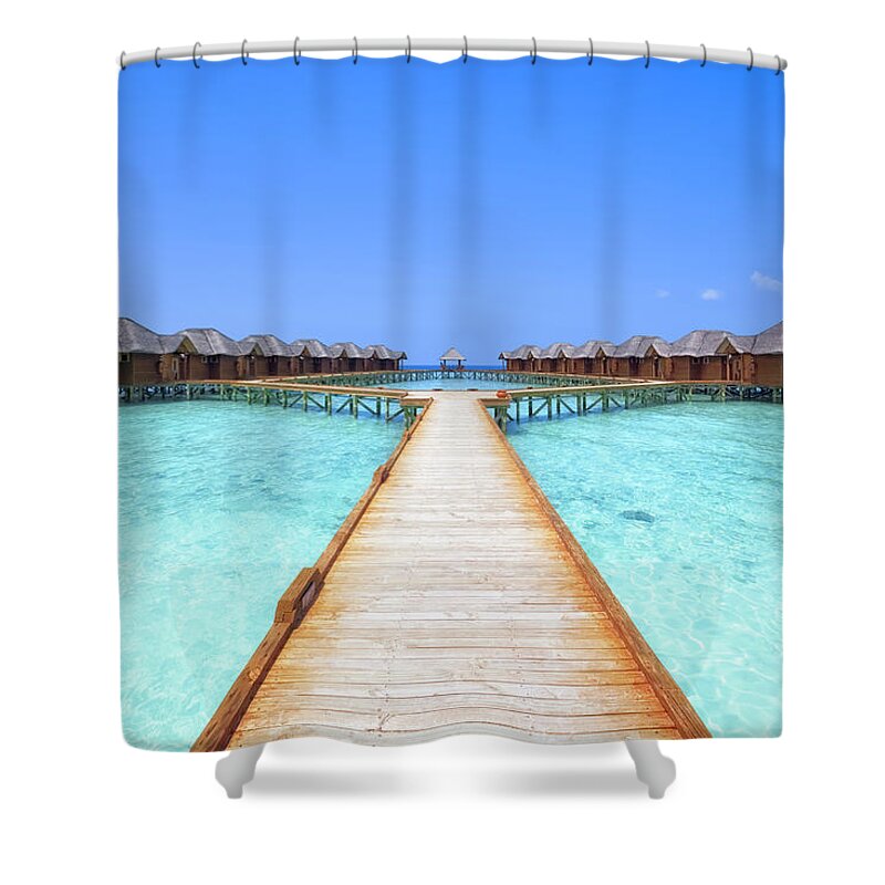 Beach Hut Shower Curtain featuring the photograph Overwater Bungalows Boardwalk by Cinoby
