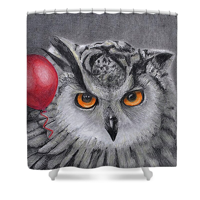 Balloon Shower Curtain featuring the drawing Owl With The Red Balloon by Tim Ernst