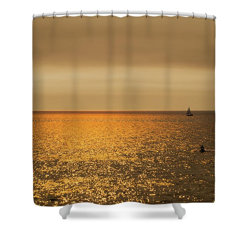Sun Shower Curtain featuring the photograph Pacific Ocean Sunset At Huntington Beach California by Alex Grichenko