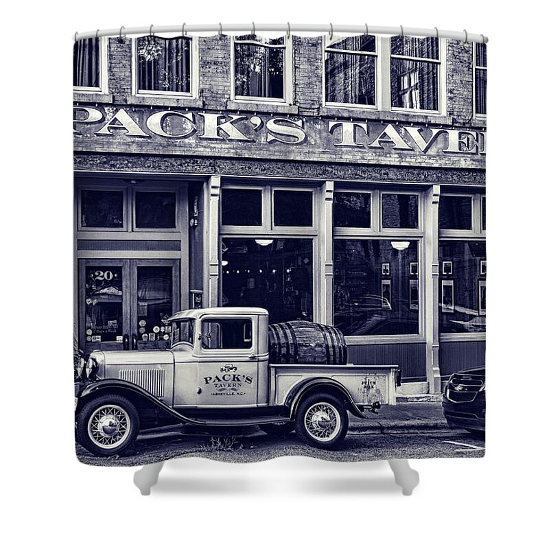 Packs Tavern Black And White Shower Curtain featuring the photograph Packs Tavern Black and White by Sharon Popek