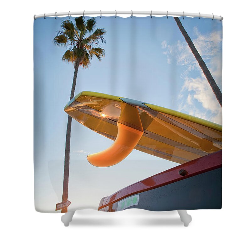 California Shower Curtain featuring the photograph Paddleboard On Top Of Car With Palm by Stephen Simpson