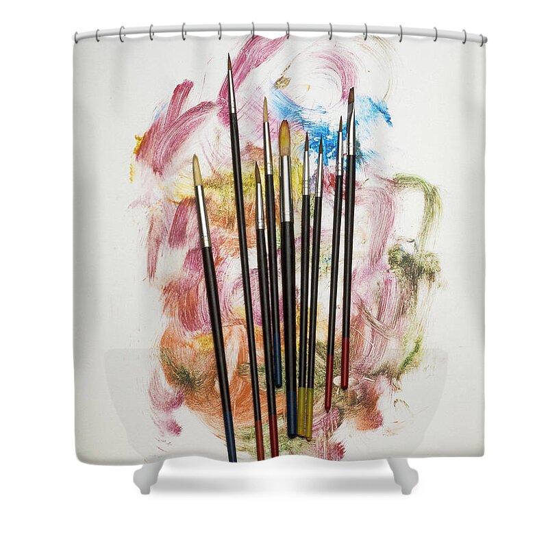 Art Shower Curtain featuring the photograph Paint Brushes On Paint by Jonathan Kitchen