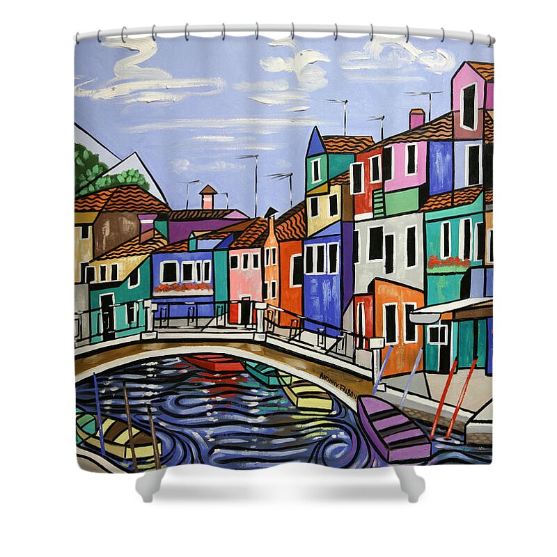 Cubism Shower Curtain featuring the painting Painted Buildings burano Venice by Anthony Falbo