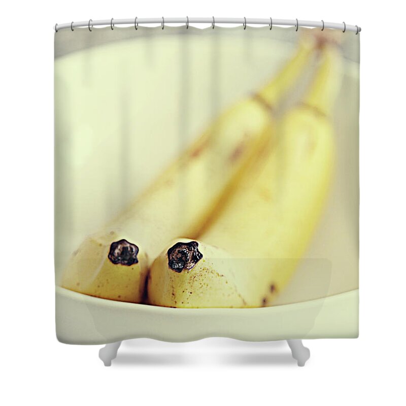 Domestic Room Shower Curtain featuring the photograph Pair Of Ripe Bananas by Stephanie Mull Photography