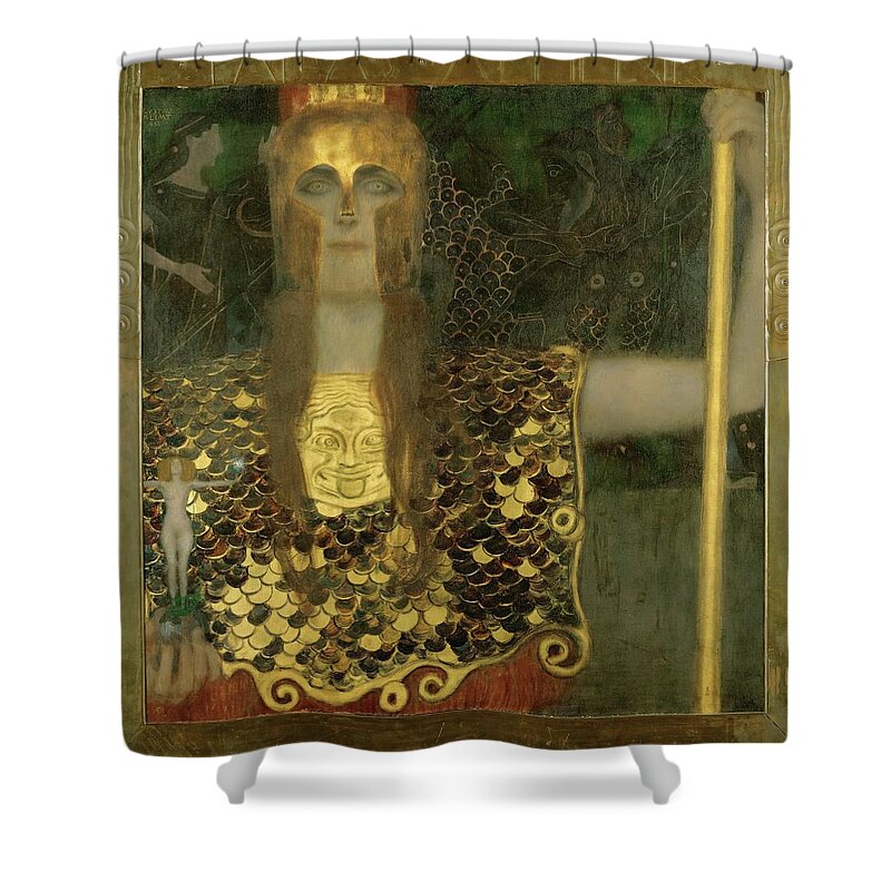 Athena Shower Curtain featuring the painting Pallas Athene. Oil on canvas -1898- 75 x 75 cm. by Gustav Klimt -1862-1918-