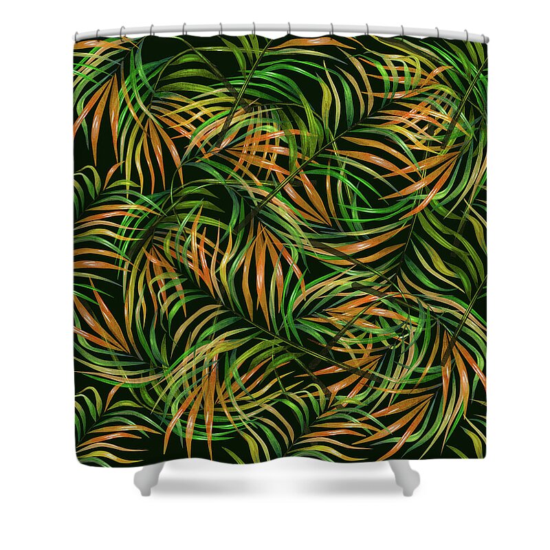 Palm Shower Curtain featuring the mixed media Palm Leaf Pattern 3 - Tropical Leaf Pattern - Green, Orange - Tropical, Botanical Pattern Design by Studio Grafiikka