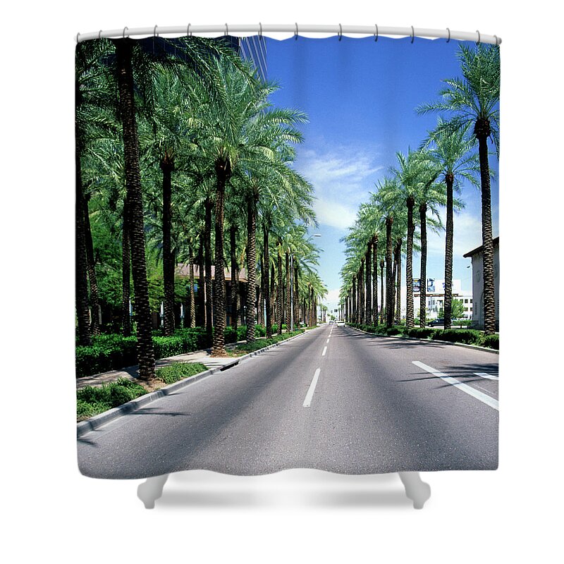 Scenics Shower Curtain featuring the photograph Palm Tree Lined Street, Phoenix, Arizona by Hisham Ibrahim
