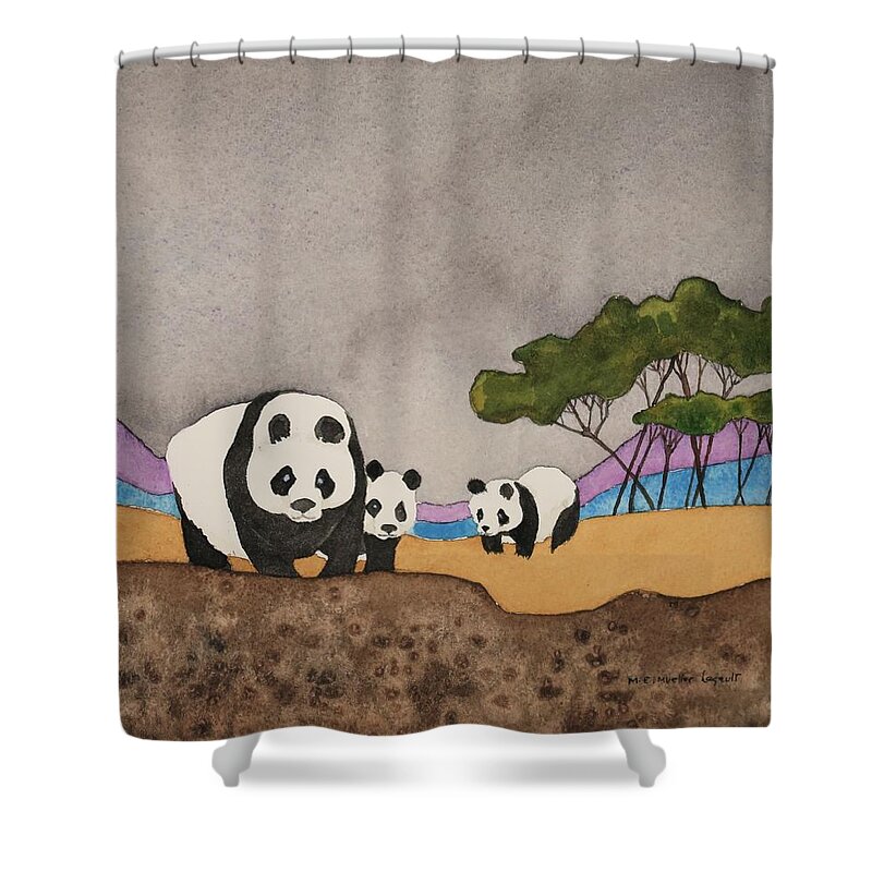 Panda Shower Curtain featuring the painting Panda-monium by Mary Ellen Mueller Legault